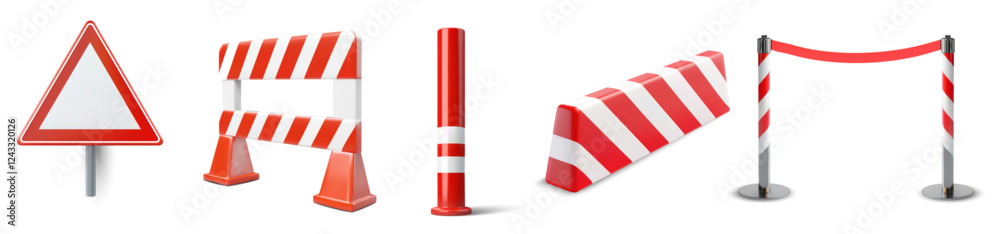 3D Vector illustration set featuring a blank triangular warning sign, red-and-white striped safety barriers, a bollard, and belt stanchion. Ideal for roadworks, crowd control, or event management. 3D Vector illustration set featuring a blank triangular warning sign, red-and-white striped safety barriers, a bollard, and belt stanchion. Ideal for roadworks, crowd control, or event management.