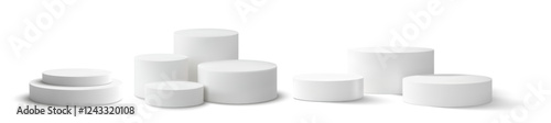 Minimal 3d vector illustration showcasing multiple white cylindrical podiums in various sizes. Ideal for product displays, branding mockups, or sleek interior design concepts.