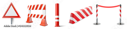 3D Vector illustration set featuring a blank triangular warning sign, red-and-white striped safety barriers, a bollard, and belt stanchion. Ideal for roadworks, crowd control, or event management. 