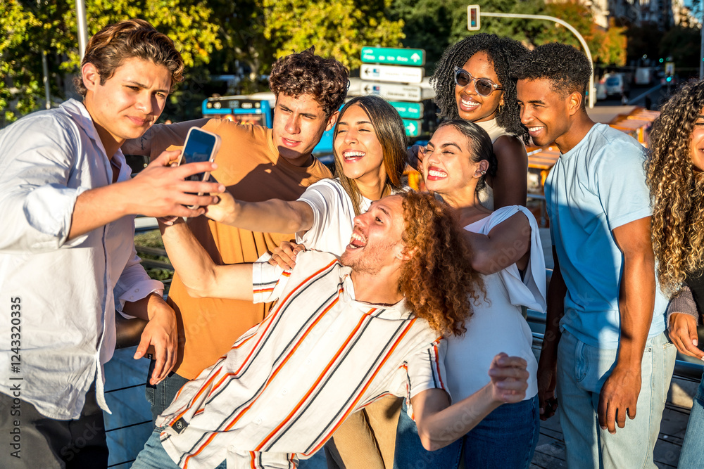 Happy friends enjoying a day at city taking selfie together Happy friends enjoying a day at city taking selfie together
