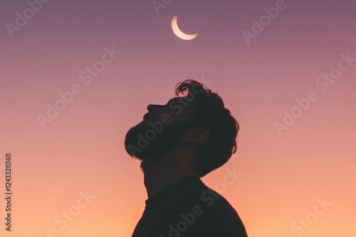 Silhouetted man gazing at crescent moon during twilight, surrounded by a gradient of warm colors, conveying tranquility and wonder photo