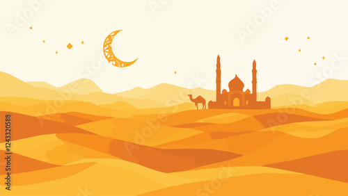 camel in the desert with mosque in the distant vector