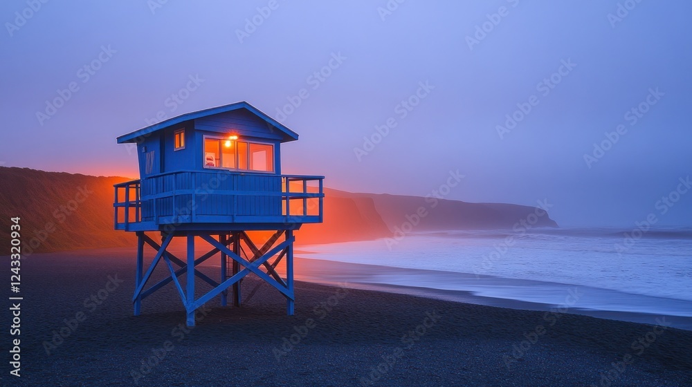 Coastal Watchtower Lit at Dawn, Misty Beach Scene Coastal Watchtower Lit at Dawn, Misty Beach Scene