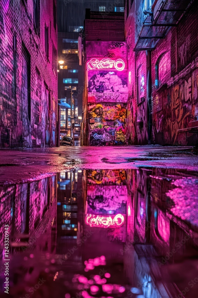 Fototapeta premium Neon-lit alleyway, graffiti art, city night reflection, urban background, website design