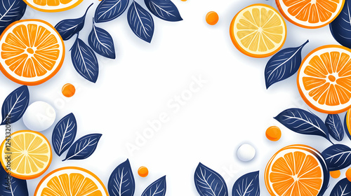 Citrus fruit slices, leaves, and decorations on white background.  Possible use stock photo for healthy food, nature, or design project photo