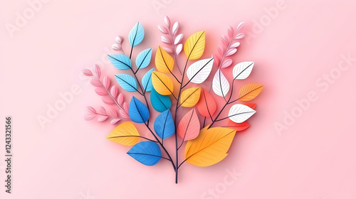 Colorful paper leaves arranged on a pink background.  A creative artistic arrangement of various colored paper leaves.  Possible use  greeting card, social media post photo