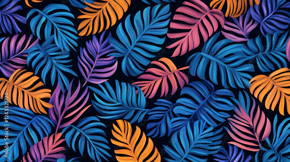 Colorful tropical leaves pattern, vibrant design, abstract background, graphic design element, digital art, seamless repeat, for textile or wallpaper use