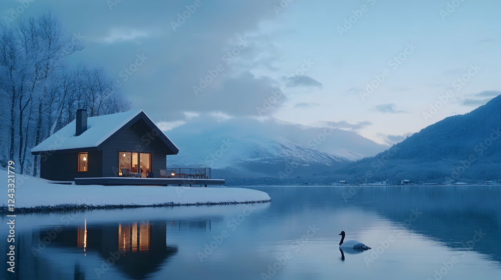 Fototapeta premium Cozy winter cabin by a lake at dawn
