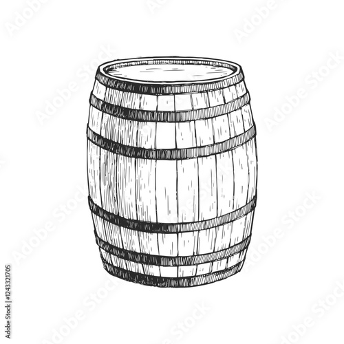 Vector hand-drawn illustration of wooden barrel. Black and white sketch of historical container for alcoholic beverages.
