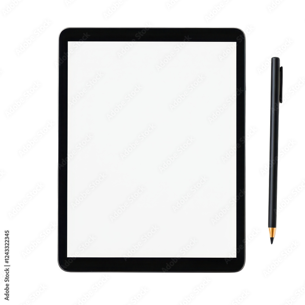 Tablet device and pen with a blank screen, isolated on a white background. Tablet device and pen with a blank screen, isolated on a white background.