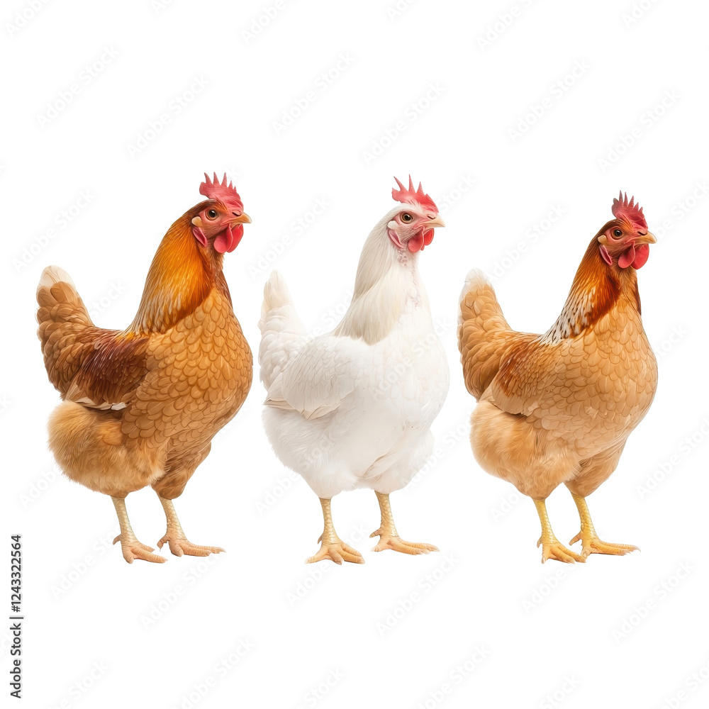 Fototapeta premium Three chickens standing side by side, white isolate background.