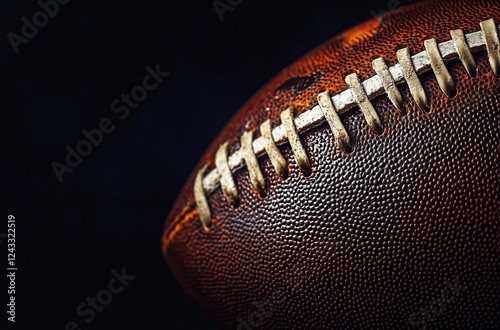 Detailed view of a worn football highlighting its texture and stitching in lo...