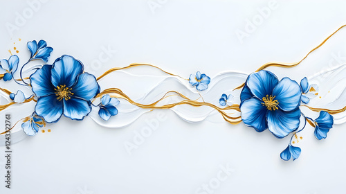 Elegant blue paper flowers and gold ribbon design, white background, website header or invitation