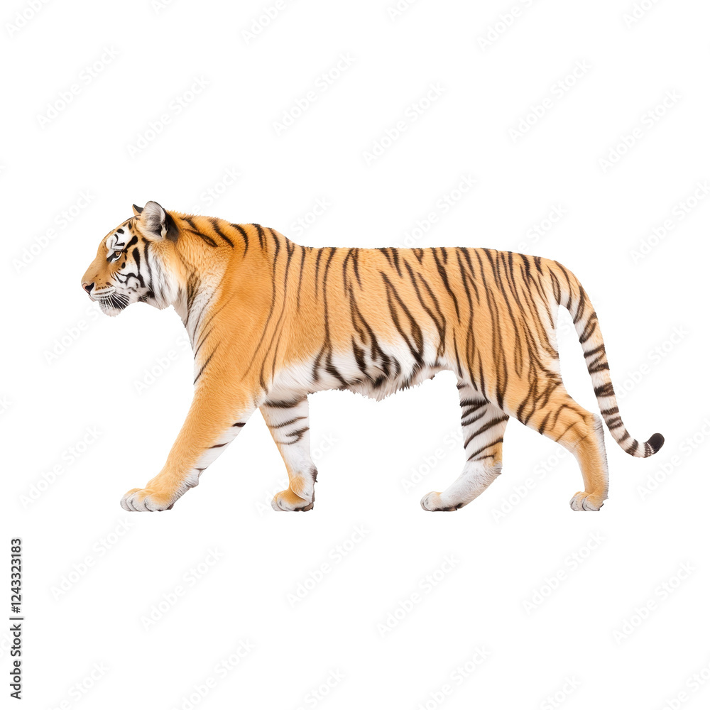Obraz premium Tiger walking gracefully, white isolated background.