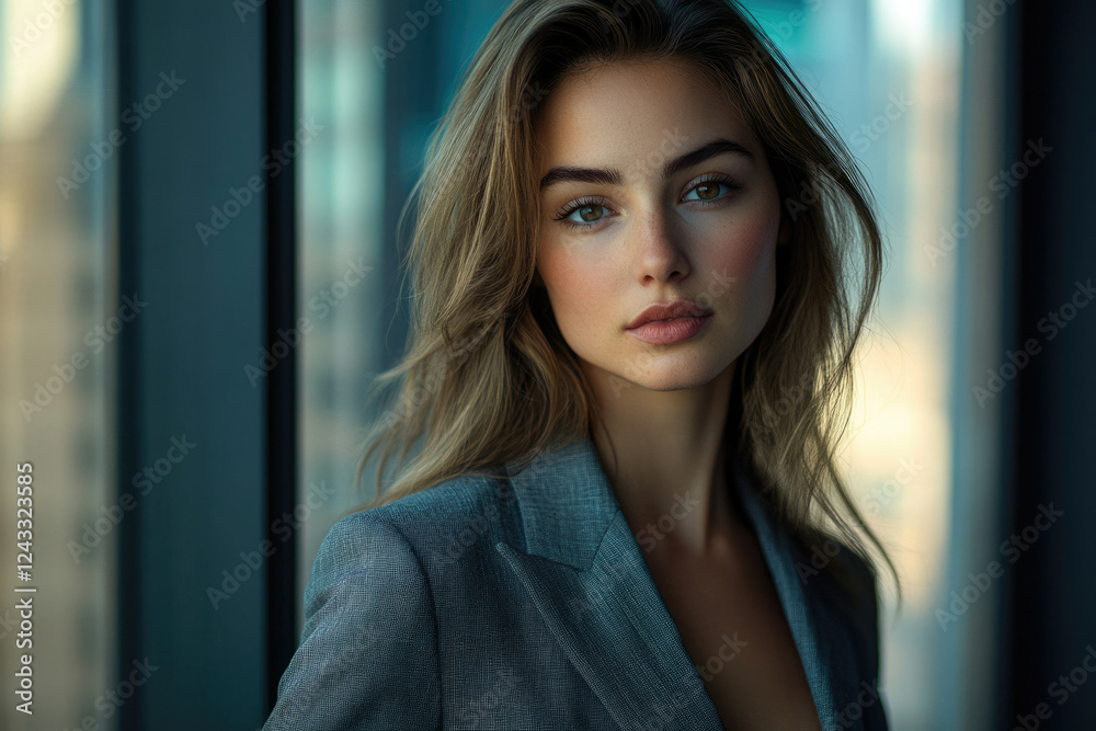 A young woman with long brown hair, wearing a gray blazer, poses near a window with a city backdrop. A young woman with long brown hair, wearing a gray blazer, poses near a window with a city backdrop.