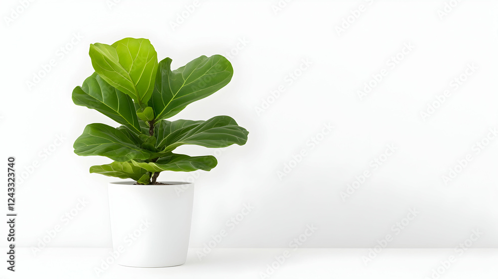 Fototapeta premium Fiddle leaf fig plant in white pot against white background. Possible use Interior design, home decor