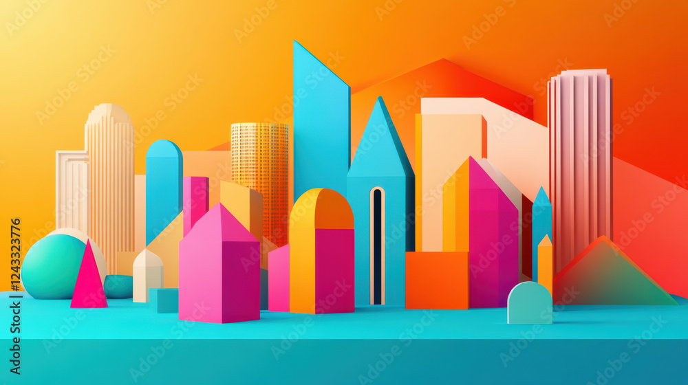 Vibrant abstract 3D building structures in various shapes and colors create lively urban landscape. bright hues of pink, blue, and orange evoke sense of creativity and modernity Vibrant abstract 3D building structures in various shapes and colors create lively urban landscape. bright hues of pink, blue, and orange evoke sense of creativity and modernity
