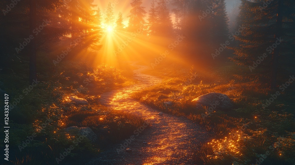 Fototapeta premium Sunlit Forest Path, Misty Sunrise, Hiking