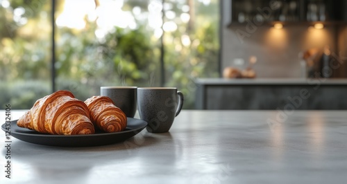 Freshly baked croissants and coffee served in a modern kitchen with greenery ...