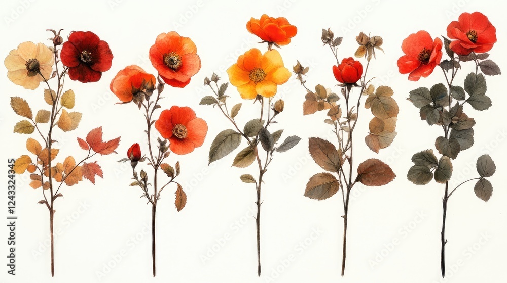 Obraz premium Lush, vibrant wild roses artfully arranged highlight their natural beauty, complimented by green foliage and muted stems, set against a soft neutral backdrop for a classic botanical aesthetic.