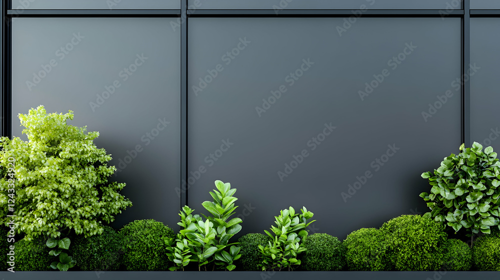 Green plants in planters against dark wall; modern building exterior, urban landscaping, nature design for website or brochure Green plants in planters against dark wall; modern building exterior, urban landscaping, nature design for website or brochure