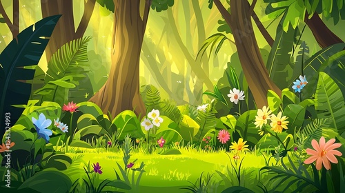 Lush rainforest clearing, sunlight dappled, vibrant flora, background trees, ideal for children's book illustrations