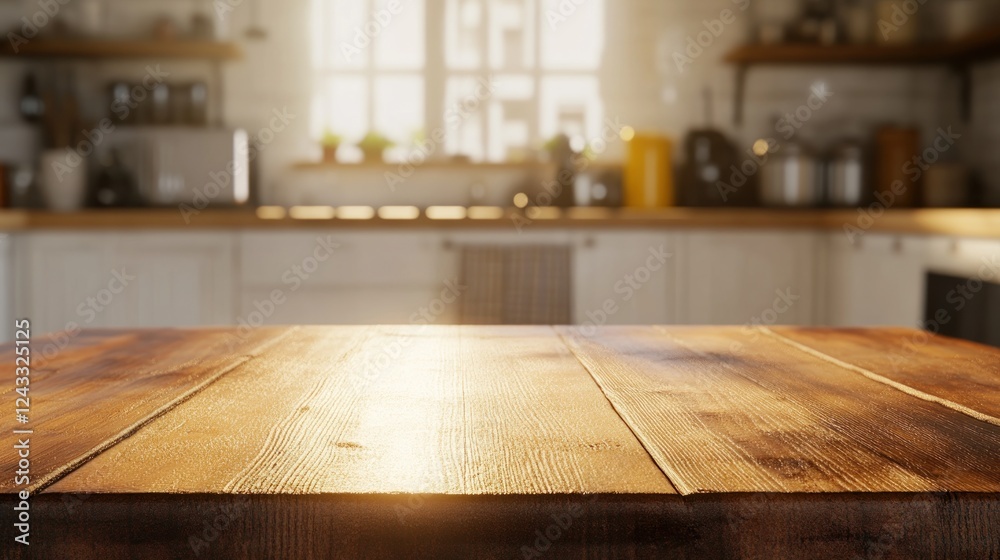 Sunlit Wooden Tabletop in Blurred Kitchen Setting Sunlit Wooden Tabletop in Blurred Kitchen Setting