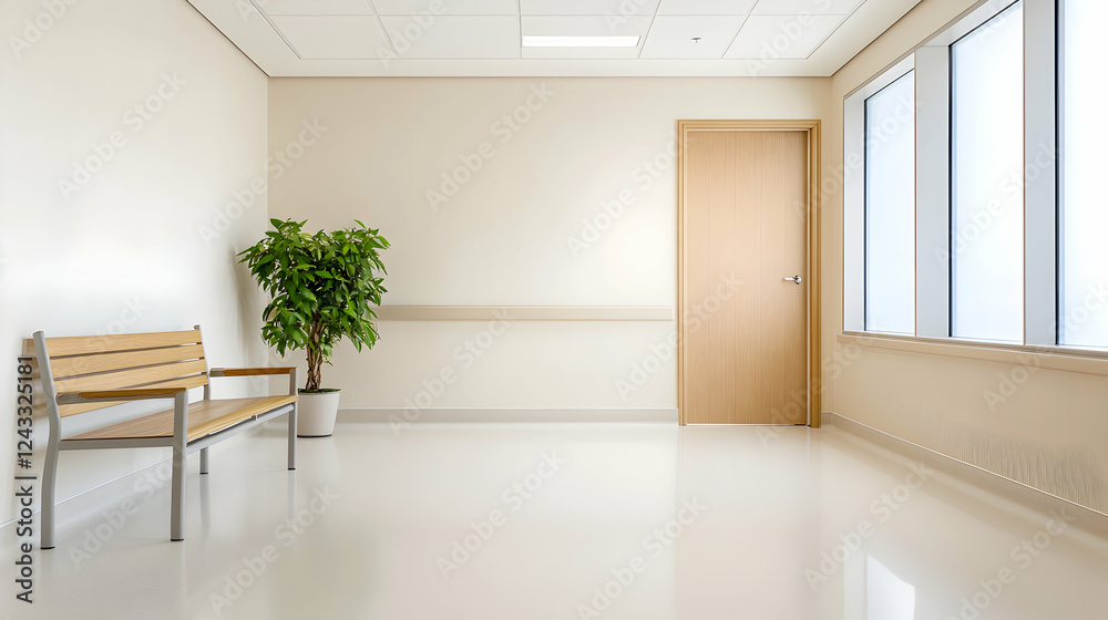 Fototapeta premium Hospital corridor waiting area, peaceful ambiance, sunlight, plant, bench. Use Medical website background