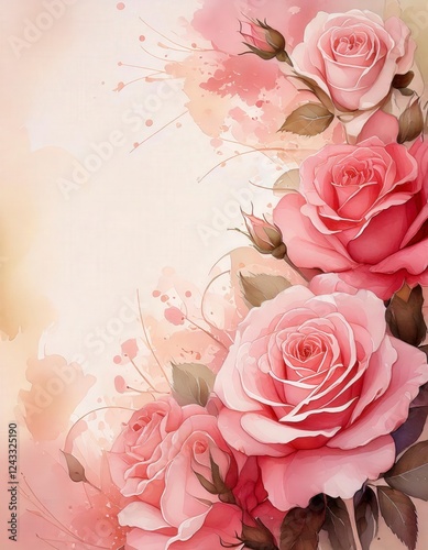 A greeting card background with delicate pink roses and soft beige watercolor strokes.