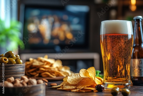 Enjoying a refreshing drink with snacks while watching a game at home during ...