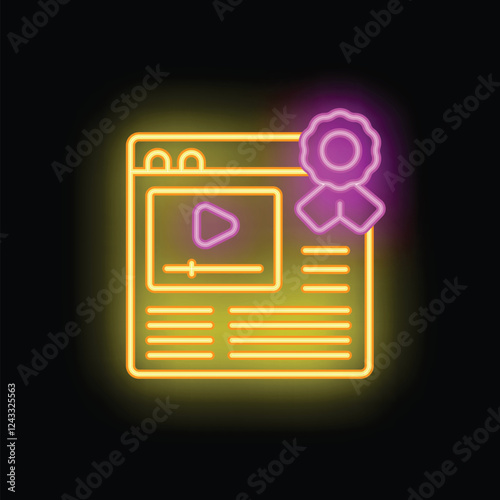 Neon glowing icon of a website featuring a video player and receiving a guarantee award, on a dark background