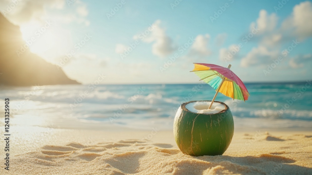 A tropical coconut drink with a straw and colorful umbrella, sitting on golden sand with a serene ocean backdrop.