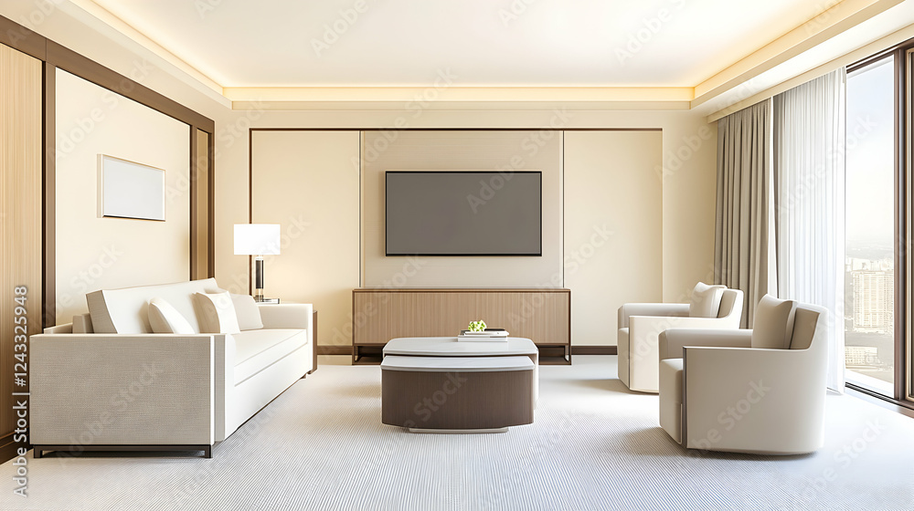 Fototapeta premium Luxurious hotel suite living room with city view; relaxing atmosphere