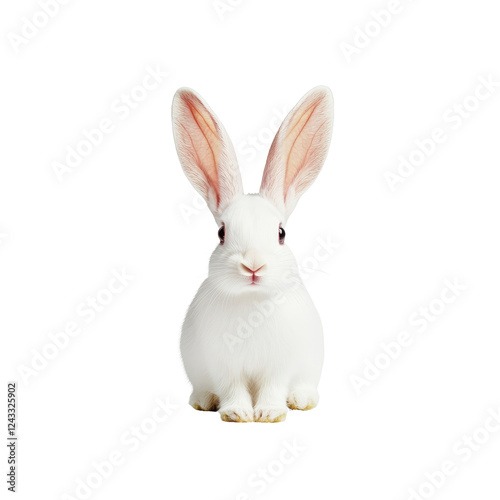 White rabbit with long ears sitting, white isolated background
