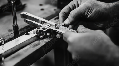 Close up of technician measuring metal component with precision tools, showcasing attention to detail in workshop environment