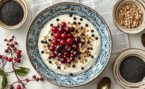 Bowl of yogurt topped with mixed berries, granola, and seeds on a table with ...