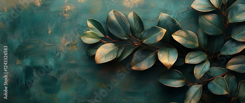 Vibrant green leaves against a textured turquoise background create a calming...