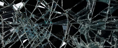Top view of broken glass on a black background with a lot of texture.