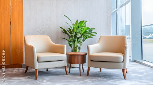 Modern airport lounge chairs near window, airport waiting area, relaxing photo