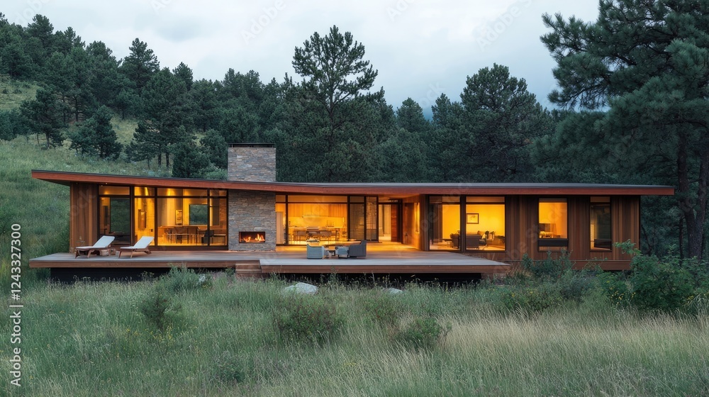 Modern minimalist ranch style house with mono pitch roof and timber wood cladding exterior Modern minimalist ranch style house with mono pitch roof and timber wood cladding exterior