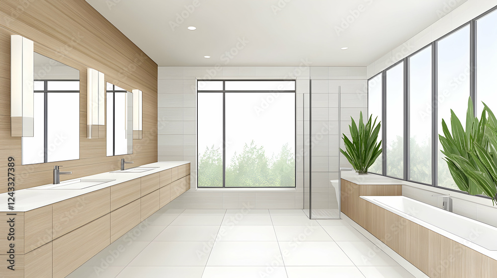 Obraz premium Modern bathroom interior with natural light and plants. Possible use for home design magazines or real estate websites