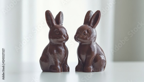 Two delightful chocolate rabbits sit side by side on a table, showcasing their charming features in a sweet and festive setting.