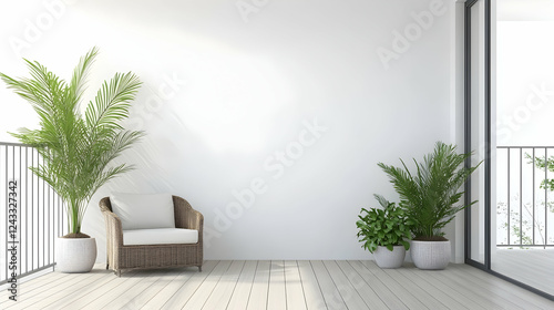 Modern balcony with plants and wicker chair; sunny interior design; for home decor catalogs photo