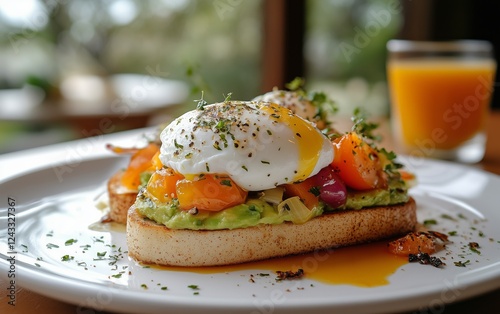 Delicious breakfast with poached eggs, avocado, and fresh vegetables served i...