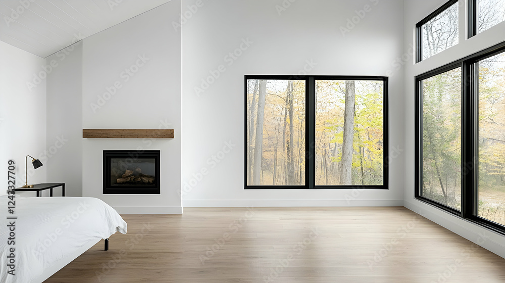 Obraz premium Modern bedroom with large windows overlooking fall foliage. Interior design