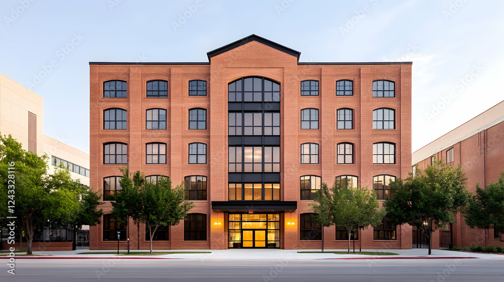 Fototapeta premium Modern brick building facade, dawn light, urban setting, architectural photography, street view