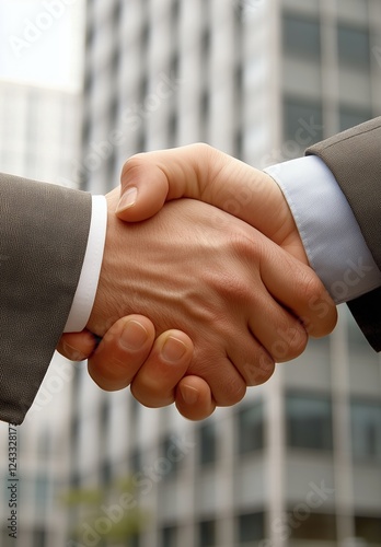 Business professionals engage in a handshake outdoors at an urban location in...