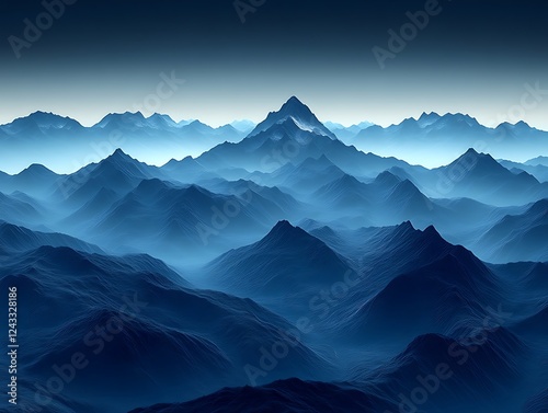 Majestic blue mountain range shrouded in mist.