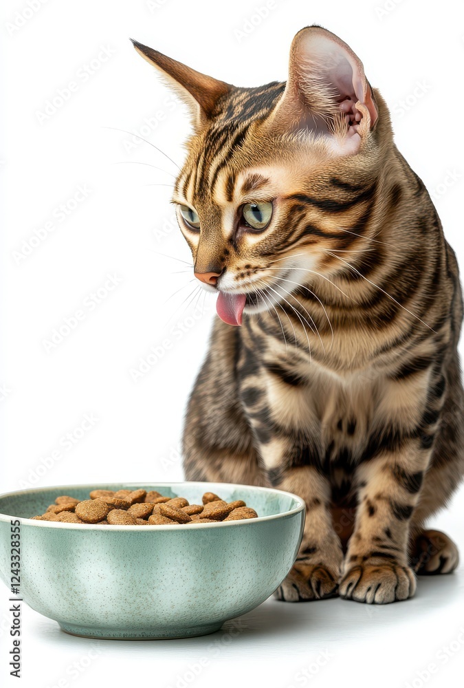 Fototapeta premium Playful Bengal Cat Enjoying Crunchy Dry Food from a Light Green Bowl in a Bright and Minimalist Setting