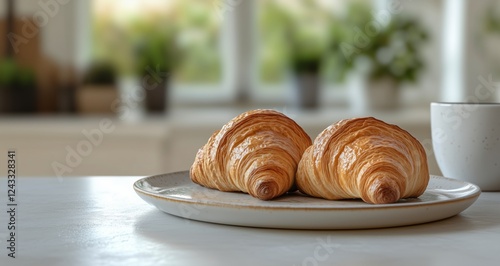 Freshly baked croissants on a plate with a cup in a sunlit kitchen environment